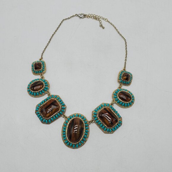 Vintage 1980s Ethnic Big Bold Link Necklace With Tigers Eye Stones Aqua Beads - Picture 4 of 7